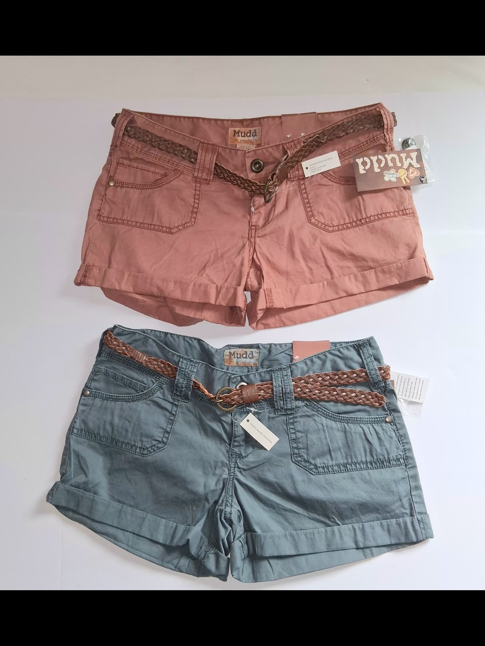 NWT Set Mudd Women's Cotton Blend Rolled Hem Shorts - Dusty Rose & Slate Blue
